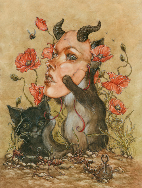 Jeremy Hush (American, b. 1973, San Diego, CA, USA) - The Beast, 2015  Ballpoint Pen, Watercolor on Gouache