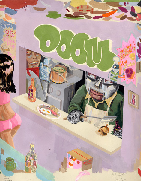 rappcats:  Jason Jagel’s painting for DOOM’s Hoe Cakes 12-inch.  The final sleeve