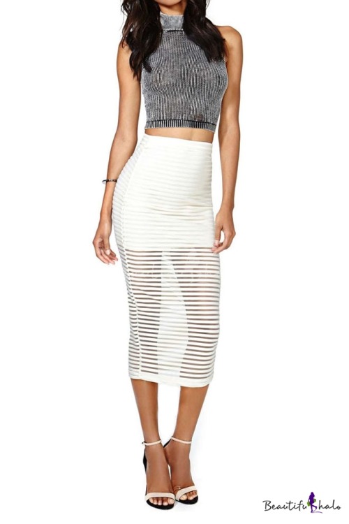 1.  Stripe Print Bodycon Sheer Skirt in Tea Length 2.  Vintage Plain Sleeveless Chiffon Layered Plea