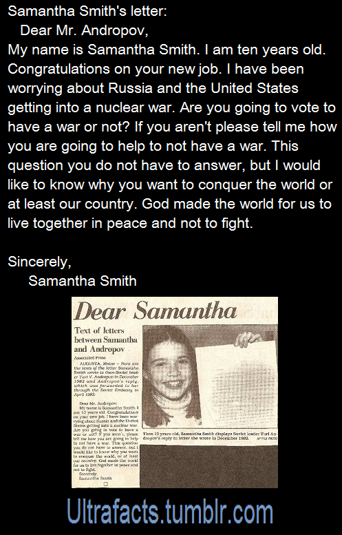 ultrafacts:  									Yuri Andropov’s reply:Dear Samantha, I received your letter,