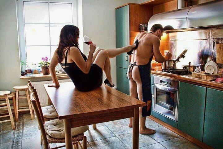I do love seeing you so subservient like this.  Scurrying around the kitchen, pant-less,