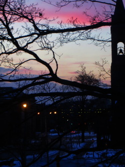 stephenhawqueen:  this was literally only like a week apart and it snowed so much last night and the skys so bright now i thought the bell tower was floating this morning