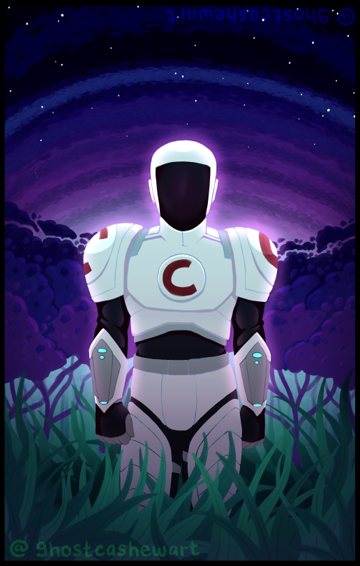 a digital painting of Secunit from The Murderbot Diaries, specifically All Systems Red. It stands in a field of tall grass in full armor with the logo of The Company on its chest and shoulders. Its mask is opaqued as it looks toward the viewer, with trees and a starry sky behind it.