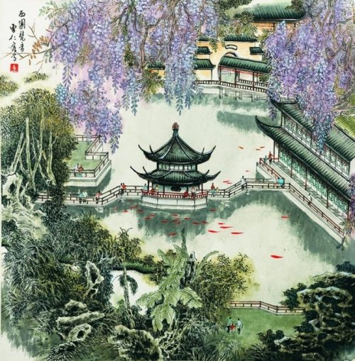 Traditional Chinese painting, Suzhou gardens by 曹仁容Cao Renrong.