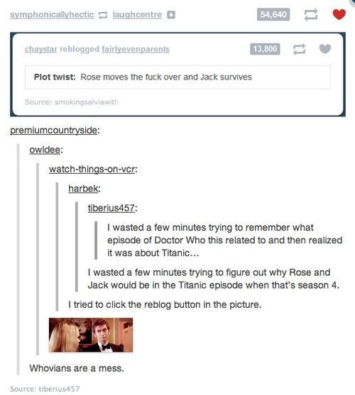 itsstuckyinmyhead:  The Doctor Who Fandom  omg I love this xD Need some Matt Smith love tho. <w< Also, ROFL at the post about the catchphrase discussion XD