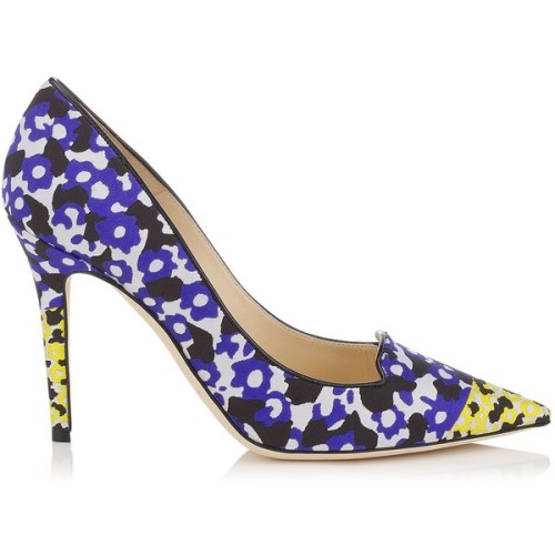 Jimmy Choo Avril Violet and Yellow Floral Printed Jacquard Pointy Toe Pumps ❤ liked on Polyvore (see