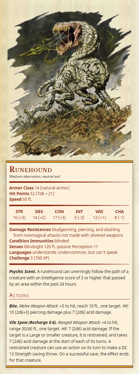Runehound  Medium aberration, neutral evil  Armor Class 14 (natural armor)  Hit Points 52 (7d8 + 21)  Speed 50 ft.  Damage Resistances bludgeoning, piercing, and slashing from nonmagical attacks not made with silvered weapons  Condition Immunities...