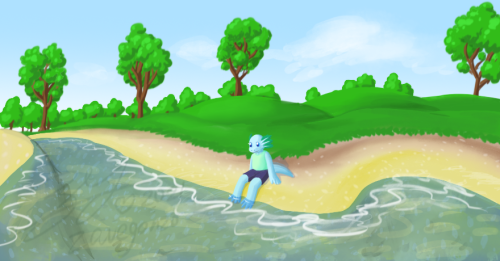 Lyn sits next to a river.