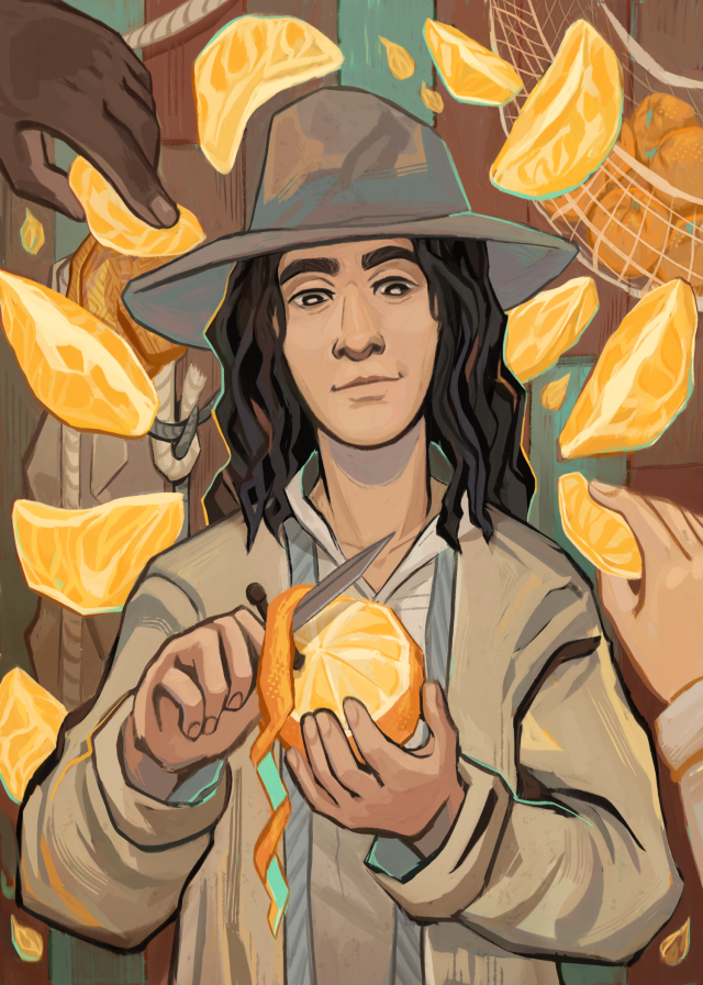 Digital illustration of Jim Jimenez from Our Flag Means Death. They are standing in the room they share with Oluwande, contentedly peeling an orange with their knife. The wooden wall behind them is painted so that the wooden boards vary in color between pale brown, deep brown, and teal. A net of oranges, clothing, Olu's beanie, and two mismatched ropes joined in a sheet bend hang on the wall. Orange segments and seeds float through the air behind them while two hands (Jim's own and Olu's) reach for a segment each. 