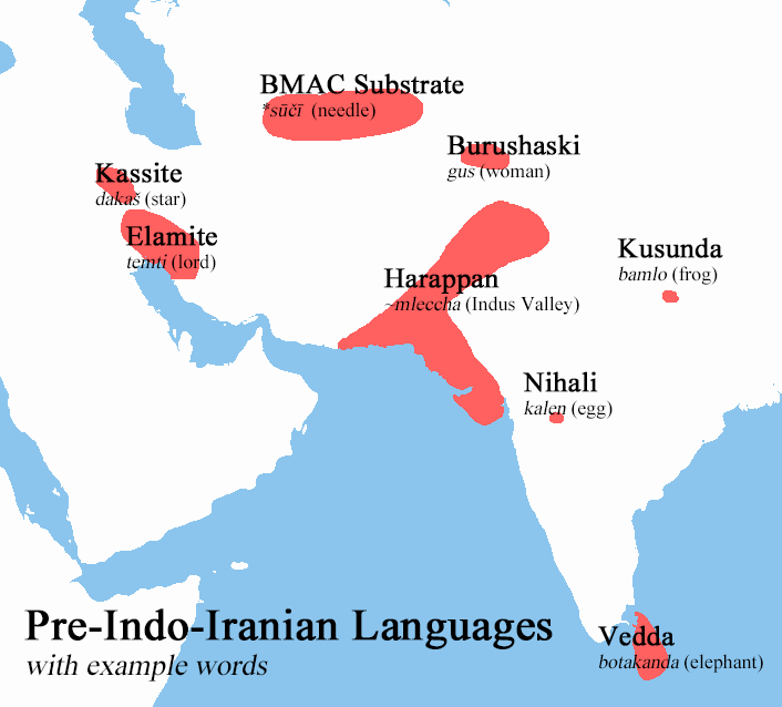 Pre Indo-Iranian Languages with example words. - Maps on the Web