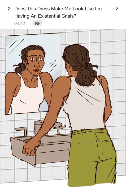 Drawing of Isabel Lovelace looking at her reflection in the bathroom mirror, with the caption “does this dress make me look like I’m having an existential crisis”