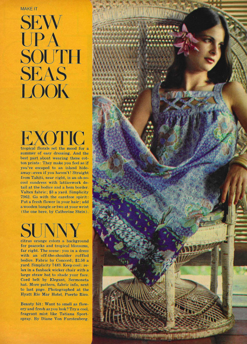 May 1977. ‘Exotic tropical florals set the mood for a summer of easy dressing.’