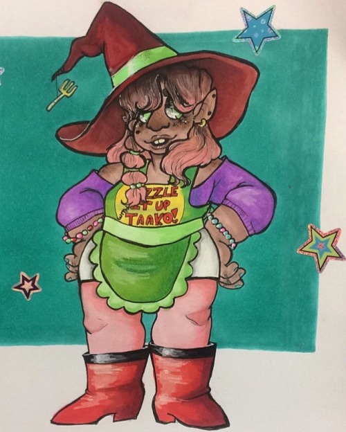 payasitos:[image description: a drawing of Taako standing in front of a teal background. Taako is a 