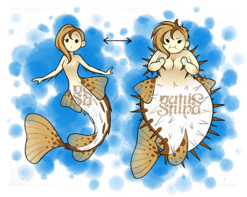 geminineart:A cute Blowfish-inspired mermaid, who’s actually slim but will get all chubby and 