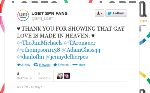 mscrosswords: thedisreputabledog: spn-lgbt: If you appreciate Supernatural’s support and integ