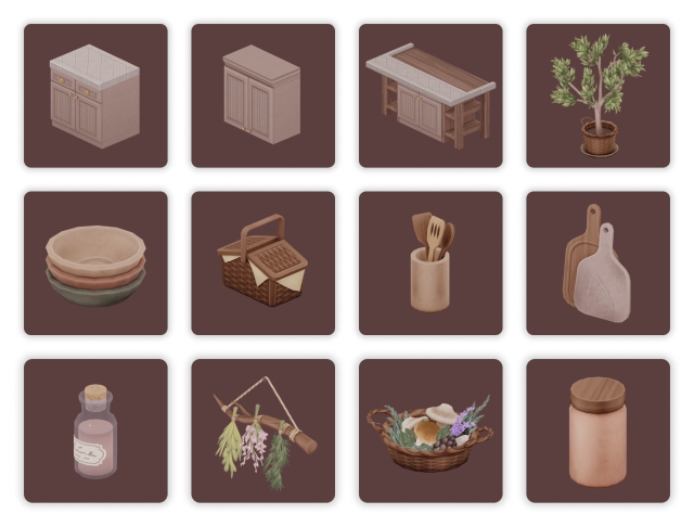Preview of 12 items from myshunosun's Herbalist Kitchen set for The Sims 4.