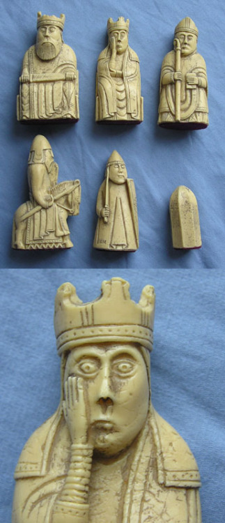 fyeah-history:The Lewis chessmen - top: king, queen, bishop; middle: knight, rook, pawn; bottom: clo