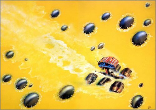70sscifiart:  “Over the course of more than 1,000 covers, the Foss future gradually gained recognizable themes regardless of whose book they adorned. Massive tanks and robots commonly scavenged through decaying piles of machinery on brutalist alien