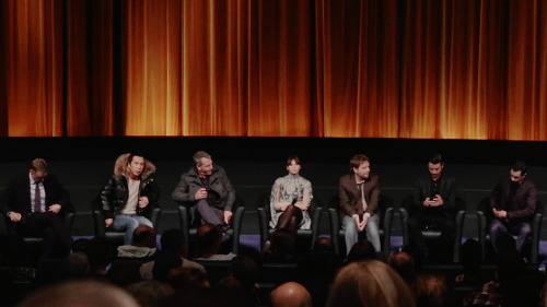 Felicity Jones with fellow cast members and Gareth Edwards at a Q&amp;A after a screening of Rogue O