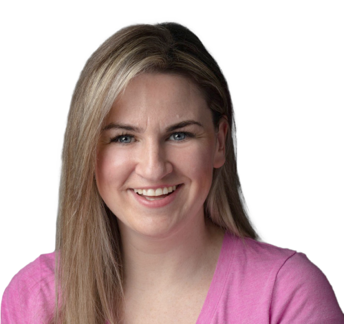 A cut-out colour headshot of voice actor Lizzie Waterworth, smiling directly at the camera