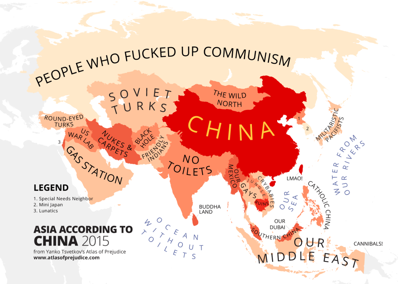 Asia According to China, a map from Atlas of Prejudice: The Complete Stereotype Map Collection by Yanko Tsvetkov.