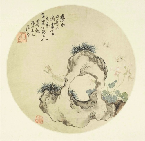 Rock and Insects. Ju Lian (居廉). Ink and color on silk, circular fan leaves, mounted. 1896.Part of th