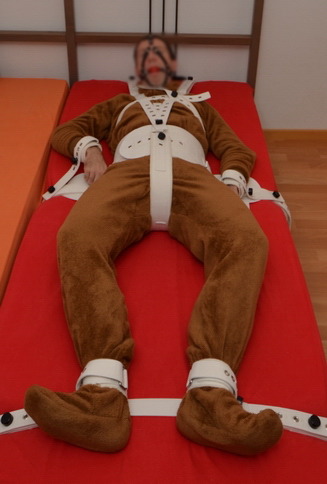 Myself gagged tied to the bed with segufix ® and in soft footed sleeper. No way out alone. 