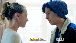 betty-and-jughead:  OMG. Betty &amp; Jughead’s first kiss in her bedroom! Dayum. You can tell he’s been wanting to do that for a long while…..the way he paused and stared down at her lips….and then Betty’s smile……and then his lips on her