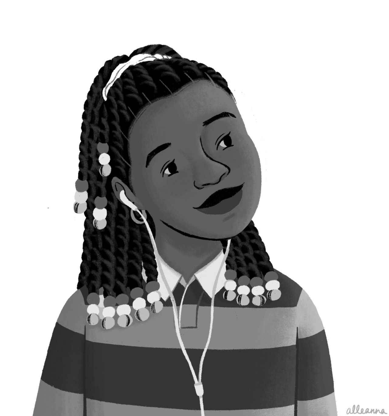 A Black girl listens to music in her earbuds while dreamily looking into the distance. She is wearing twists with wooden beads at the end and a rugby shirt. Illustration by Alleanna Harris.