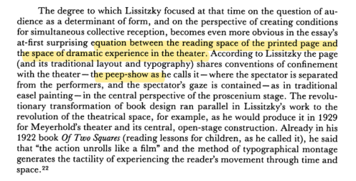 Buchloh on Lissitizky and the relationship between theatrical space and the printed page. 