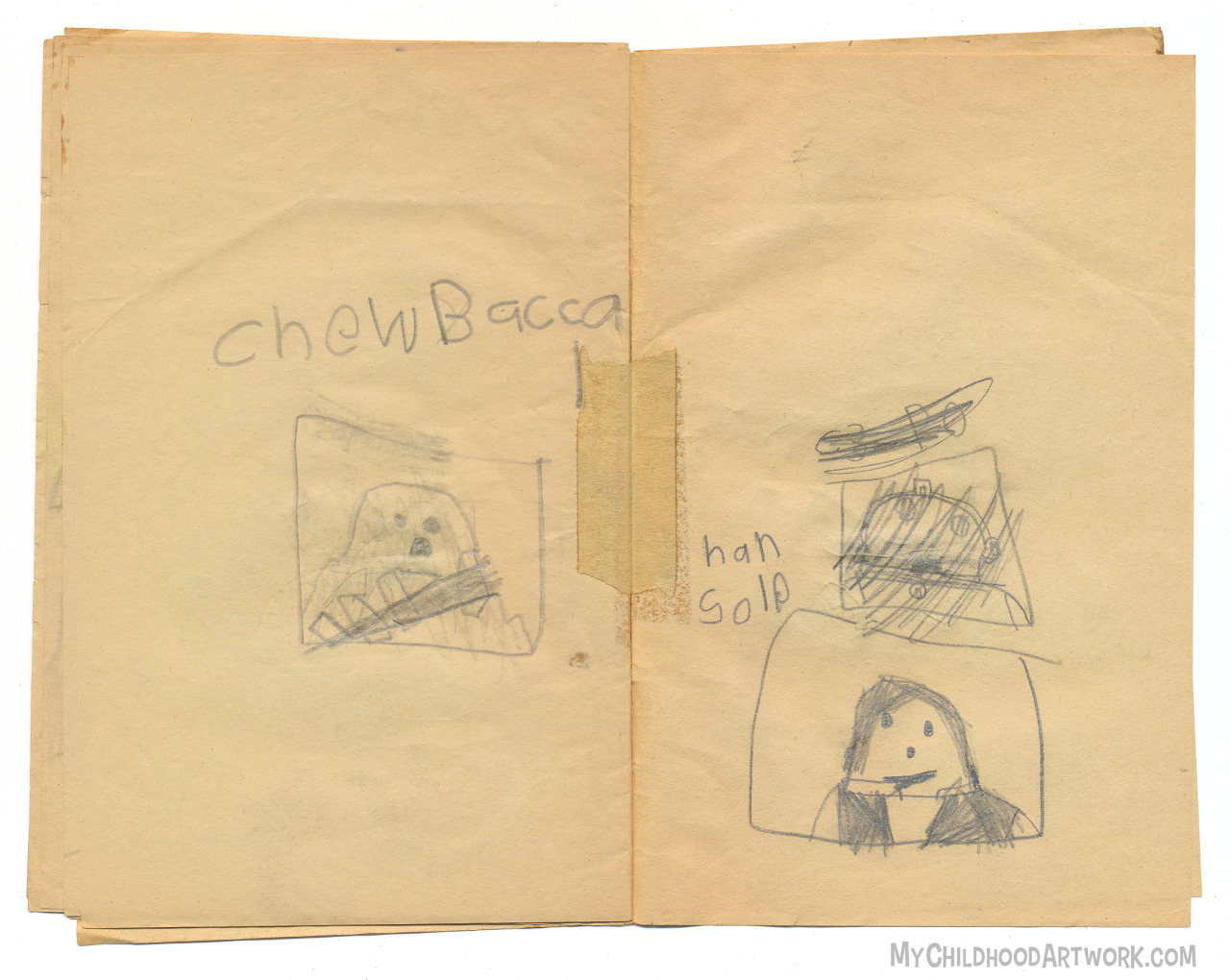 Age 6, 1977
Star Wars book
Chewbacca and Han Solo portraits.
C-3PO got majorly dissed here. Chewie is super cute though, what an adorable bandolier.