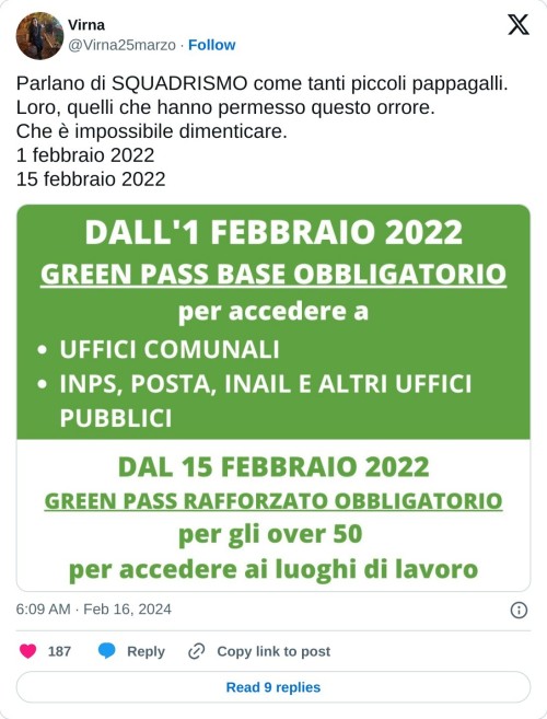 Parlano di SQUADRISMO come tanti piccoli pappagalli. Loro, quelli che hanno permesso questo orrore.  Che è impossibile dimenticare.  1 febbraio 2022 15 febbraio 2022 pic.twitter.com/DWdl2eUzu7  — Virna (@Virna25marzo) February 16, 2024