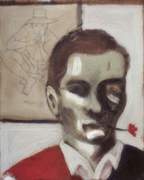 Pier Paolo Pasolini, Autoritratto con il fiore in bocca, 1947Oil on hardboard; 16.7″ × 13.6″