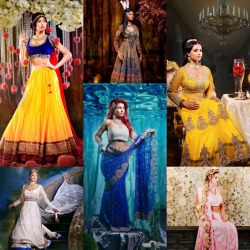 idisneyprincess:  Disney Princess in Indian Fashion.   Princess Ariel (saree), Princess Snowwhite (lehenga), Princess Belle (salwar),  Princess Cinderella (salwar),  Princess Mulan (salwar), Princess Rapunzel (lehenga).