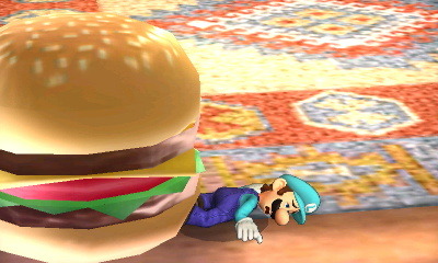 luigigettinghurt:  luigi becomes trapped under a falling cheeseburger and is left to die in the vast expanse that is the nintendogs living room 