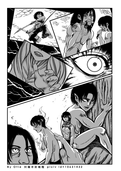 otie-otie:  SNK Chapter 62.5  otie blesses us with another amazing fake spoiler comic! I will translate it for those who cannot read Chinese: Eren: WHY?Mikasa: When we arrived at the chapel you were very agitated…Hanji tranquilized you…Eren: