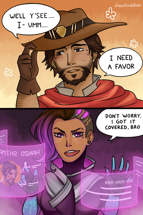 leenhiddles:  well i just like the idea of Sombra and McCree being best buddies. Also yes Jesse’s asking for Hanzo’s number ( ͡° ͜ʖ ͡°)  