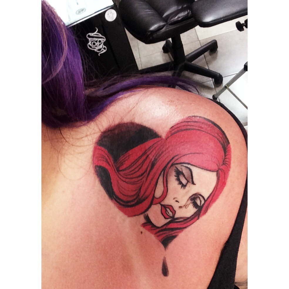 FYeahTattoos.com — sad girl tattoo done by damian kicker at Olde Tyme...