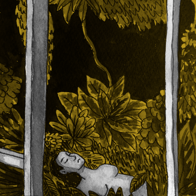 An ink drawing of a scene from Invasion of the Body Snatchers. It features a partially-formed woman lying in a pile of plants.