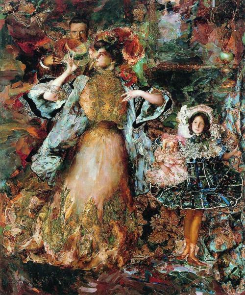 russian-style:Filipp Malyavin - Autoportrait with wife and daughter, 1911.