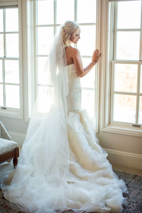 wedding-dresses-paradise:white lace and ruffled drop waist wedding dress