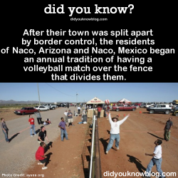 did-you-kno:  After their town was split apart by border control, the residents of Naco, Arizona and Naco, Mexico began an annual tradition of having a volleyball match over the fence that divides them.  Source