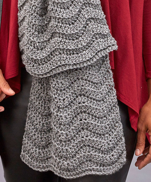 redheartyarns:LW5414 Wavy Ridge Super Scarf Free Crochet Pattern in Red Heart Super Saver yarn