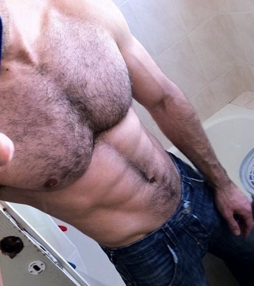 Hairy chest, legs,Beard and Mustache.