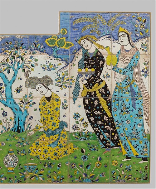 brassmanticore:Lady and attendants in a gardenTile panel probably made in Isfahan, ca. 1640-50At the