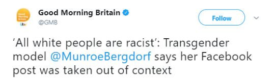 the-real-eye-to-see: L’Oréal Paris has dropped its first transgender model from a campaign after she faced criticism for remarks about institutional racism. The beauty brand said Friday on Twitter that the comments made by Munroe Bergdorf were “at