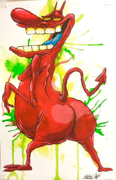 brandonlepine:finished up this commission of red guy from cow and chicken last night. 4.5x6 on 250gs
