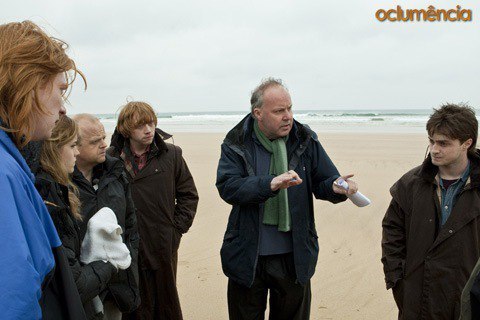 Domhnall, Emma, Rupert, David (director) and Daniel bts of Harry Potter and the Deathly Hallows: par