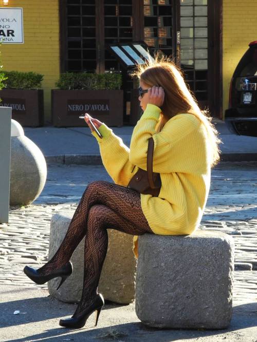 in-pantyhose:Sexy woman in knitted dress and black floral pantyhose caught in the street.Woman in pa