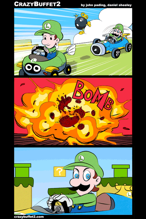 tinycartridge:  Should’ve thought that one through, Luigi ⊟ Where’s your death stare now?! This great comic comes from John Pading and Daniel Shealey — you can see more of John’s comics and collaborations with Daniel at Crazy Buffet 2. Speaking